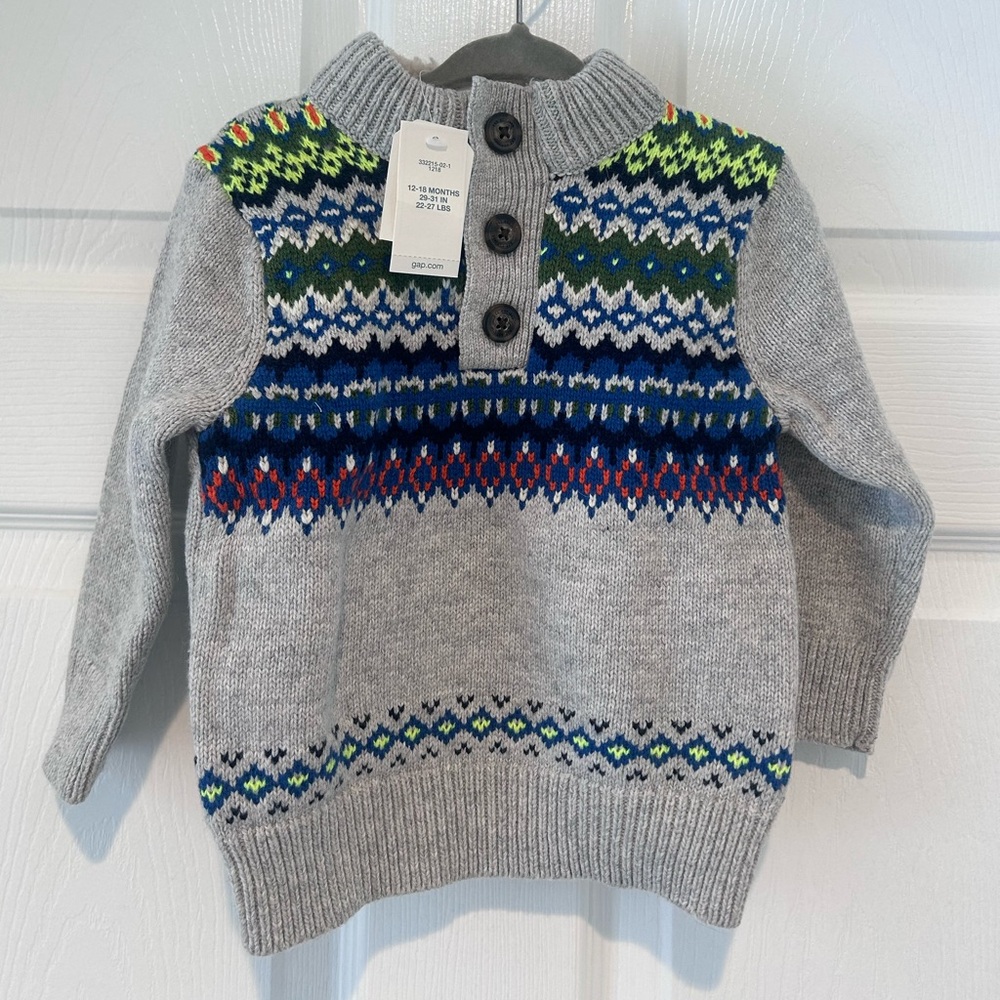 NWT Baby Gap 12-18 Months Gray & Multicolor Fair Isle Sweater Knit Mock Neck